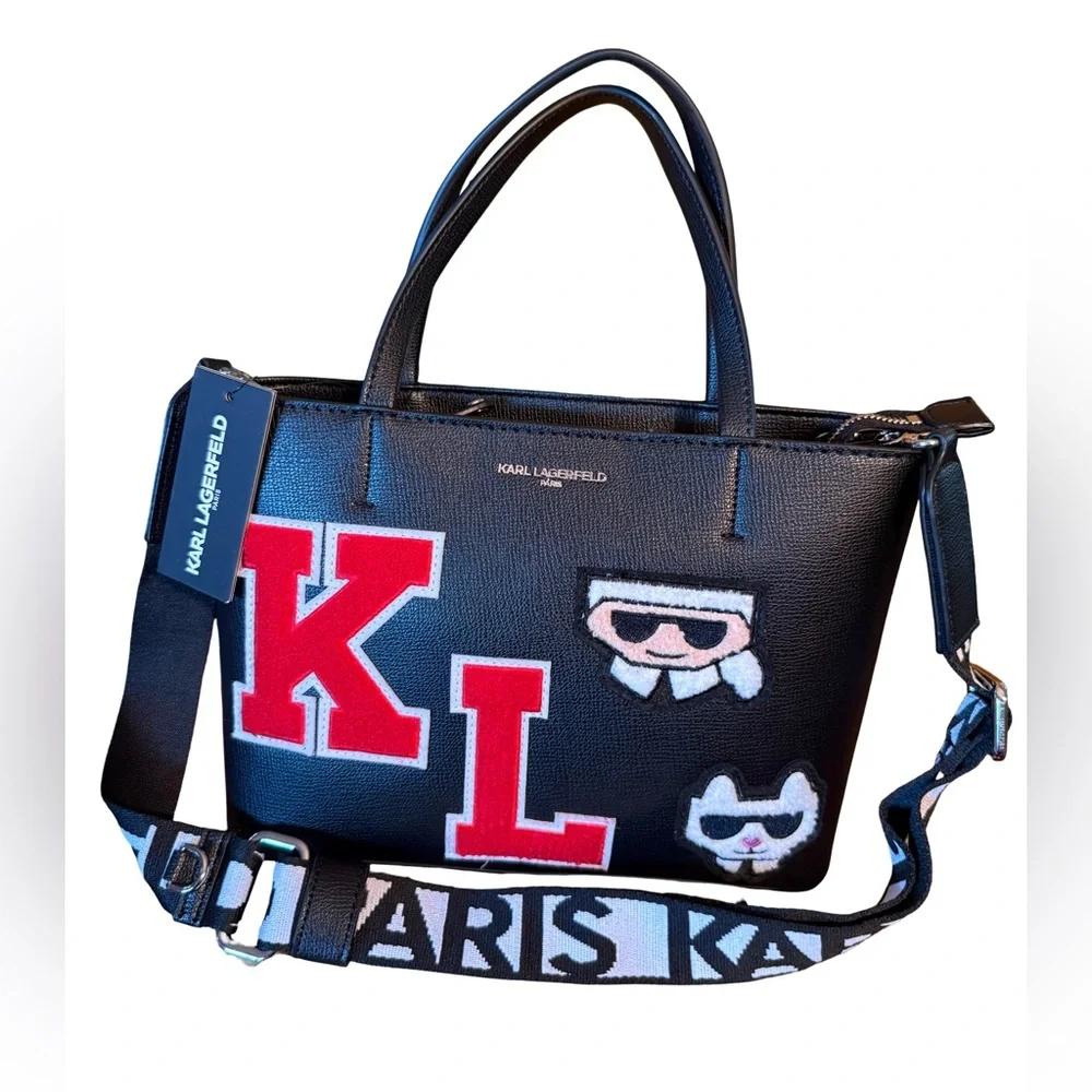 Karl Lagerfeld Paris NWT Classic Black Satchel Red & White KL Patches (P199) - Picture 2 of 11